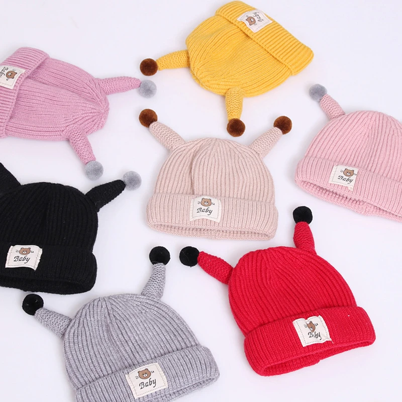 Baby Winter Warm Wool Knit Hats Cute Bear Letter Children Caps Girls Boys Casual Yellow Hat New Newborn Child Cartoon Cap