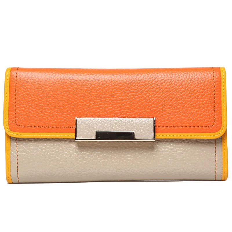 

Genuine leather color patchwork women long purse hasp card holder