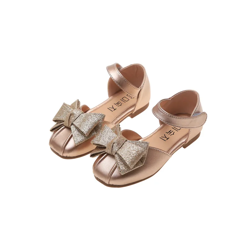Gold Silver Black Children leather shoes Girls Princess Shoes For Wedding Party Kids bow Soft soles Single shoes chaussure fille