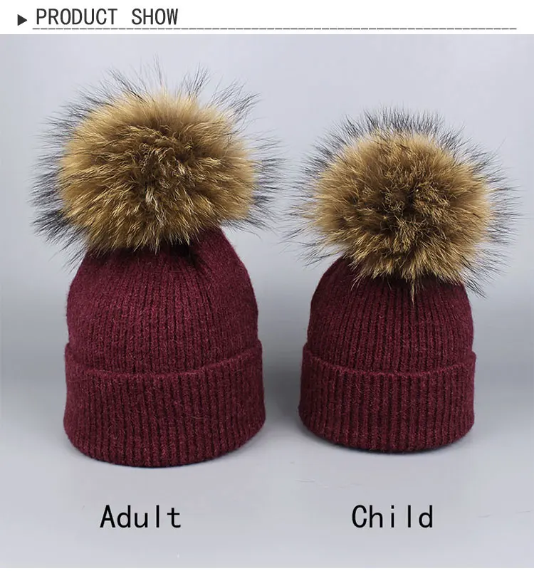 Детский Зимний вязаный свитер Топ шапка с помпоном из натурального меха енота лыжный детская шляпа в осенний и зимний, теплый, полосатый шляпы чистый Цвет