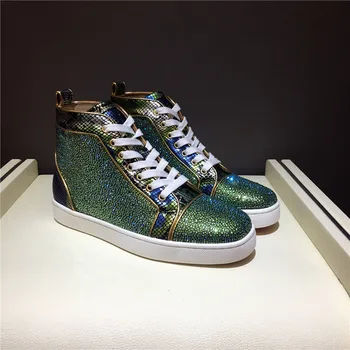 

2018 high-cut Lace-up White star diamond Outdoor Sports Fashion Party Red bottom shoes loafer Sneakers leather casual