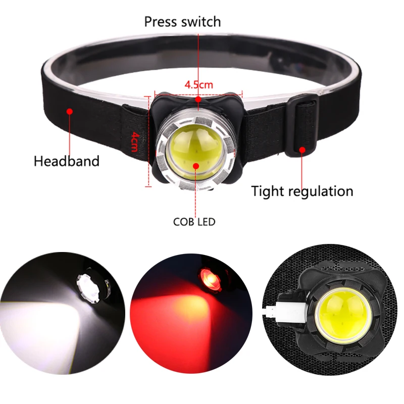 LED Headlamp COB Head Light USB Rechargeable with Built-in Battery Waterproof White Red Lighting head flashlight,cob headlamp