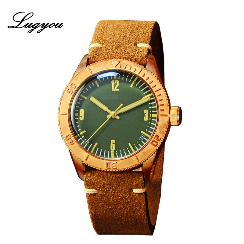 Lugyou San Martin, бронзовые часы для ныряльщиков, автоматический вращающийся ободок, Водонепроницаемость 200 м, сапфировый куполообразный кристалл, ремешок из натуральной кожи - Цвет: Green No Logo SW