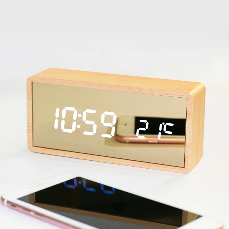 

LED Wooden Alarm Clock Mirror Table Clock Voice Control Watch Digital Wood Despertador Electronic Desktop Battery Digital Clocks