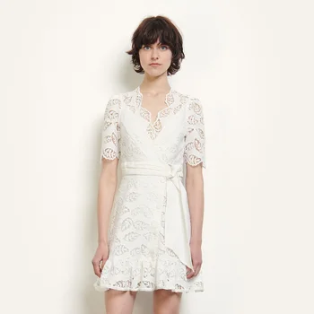 

Lace Mini Dress Women Summer Chic Hollow Leaf Party Dress V Neck Slim Tie Belt Waist Streetwear Elegant Anglaise Clothing 2020