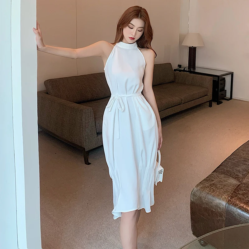

Women's Elegant Medium Dress Solid Mock Neck Sleeveless Slash Waist French Style A-Line Dresses Spring Summer 2021