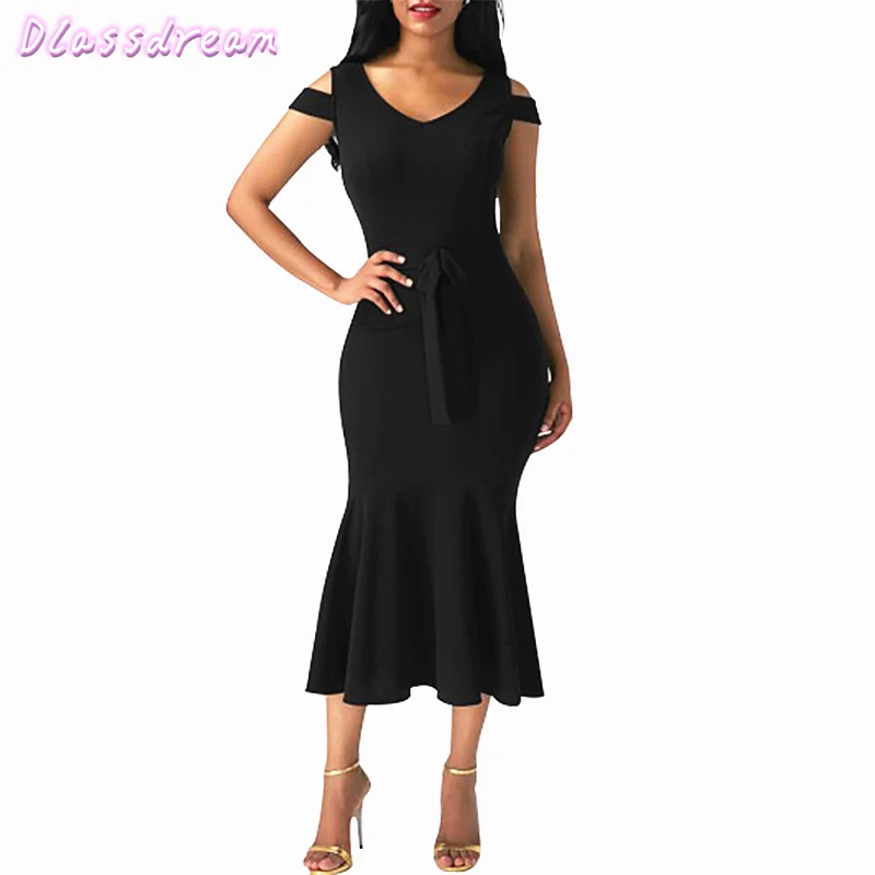 

Black Prom Dress Mermaid Ruffels Hem Sleeveless V-neck Tea-length Bow Close Back Evening Dress    