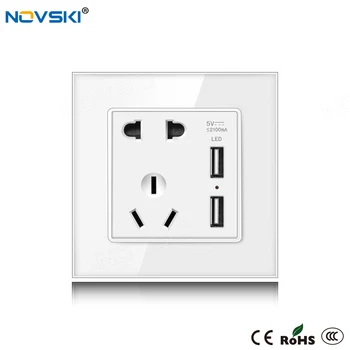 

NOVSKI GB 10A 5-Hole 2100mA USB Wall Socket German Bayer Flame Retardant Material Tempered Glass Panel 86*86 220-250V, Grounded