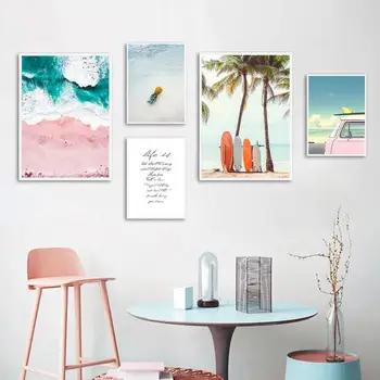 

Nordic Minimalist Seascape Beach Pink Bus Print Poster Canvas Painting Wall Art Home Decoration For Living Room Bedroom Frameles