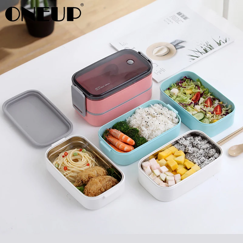 

ONEUP 304 Stainless Steel Lunch Box Double layers With Cutlery Leakproof Compartment Food Container Kids Bento Box School