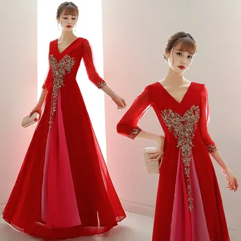 

New elegant choir costumes slim dresses new middle-aged students red song and dance dress