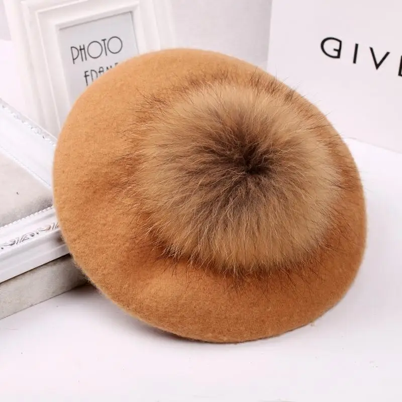 

Autumn winter thickened wool beret women's fashion oversized raccoon fur ball painter cap children's hat parent-child beret