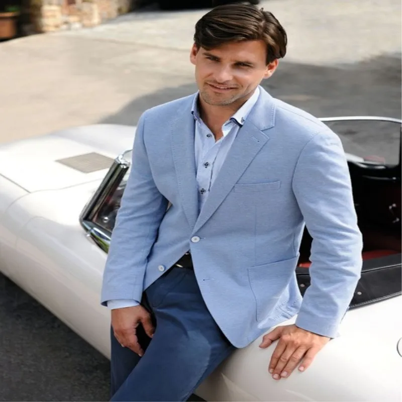 

The Latest Coat Pant Designs Light Blue Men Suit Casual Stylish Blazer Summer Jacket Custom Simple Men Tuxedo 2 Pieces
