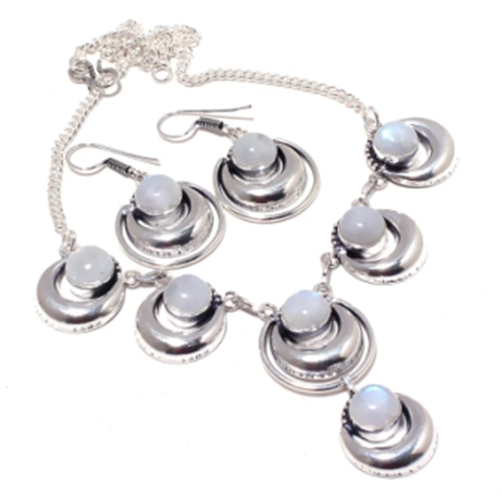 

Rainbow Moonstone Necklace + Earings Silver Overlay over Copper, 43.4 cm , N4221