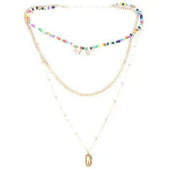 

Individual Ethnic Multi-Layer Necklace Accessories Colorful Beads Shell Kiss Letter Pendant Long Necklace