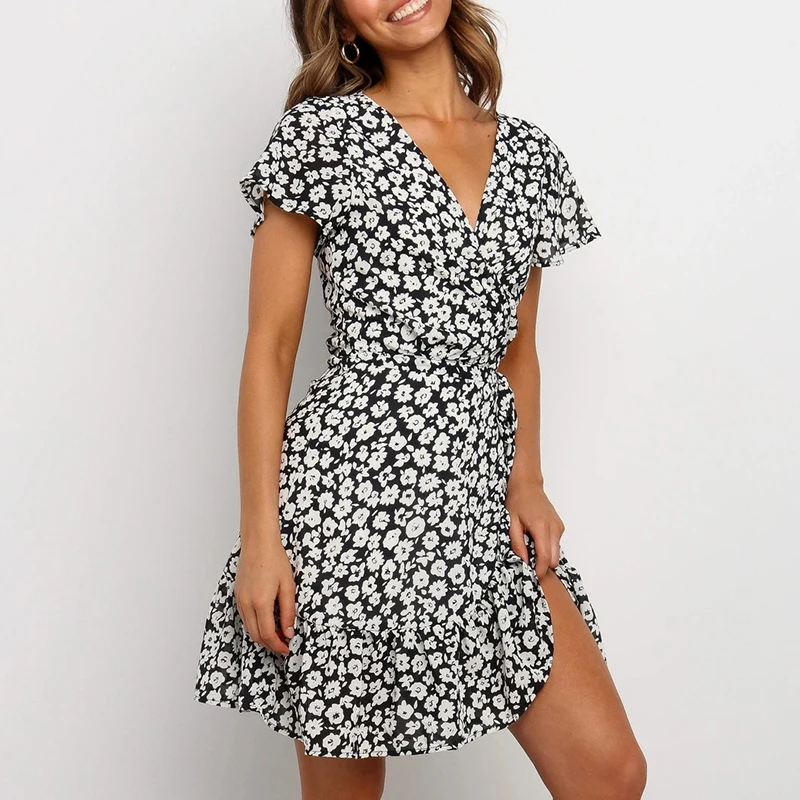 XHKLD Summer Fashion V Neck Floral Print A Line Dress Ruffles Flare Short Sleeve Beach Women Wrap Mini Dresses Robe Femme | Женская