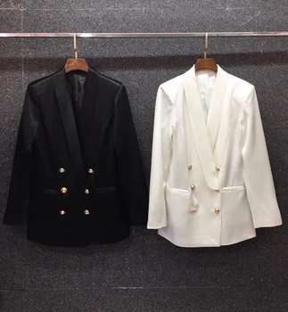 

2020 Autumn and Winter New Women's Clothing Lapel Double Breasted Decoration Symmetric Pockets Solid Color Long Sleeve Suit 911