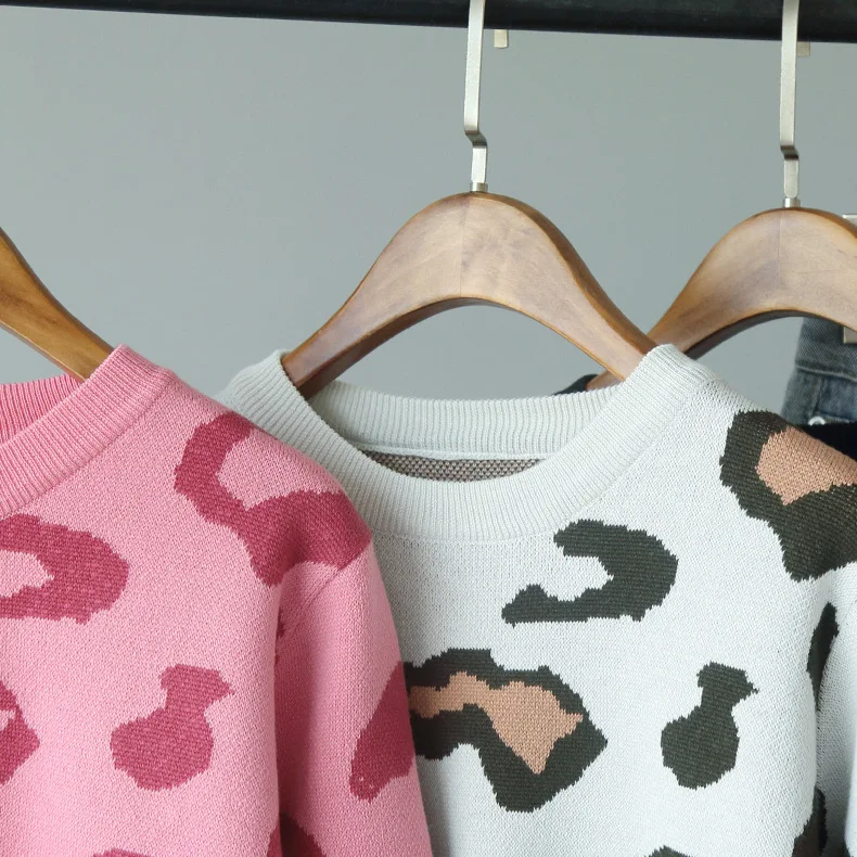 Mooirue зима женские леопардовые вязаные пуловеры с круглым вырезом Повседневная Верхняя одежда базовый корейский стиль винтажный черный розовый свитер Топы