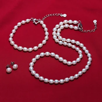 

NYMPH Fine Pearl Jewelry Sets For Women Natural Pearl Necklace Bracelet Earrings 6-7mm Party For WomenT404
