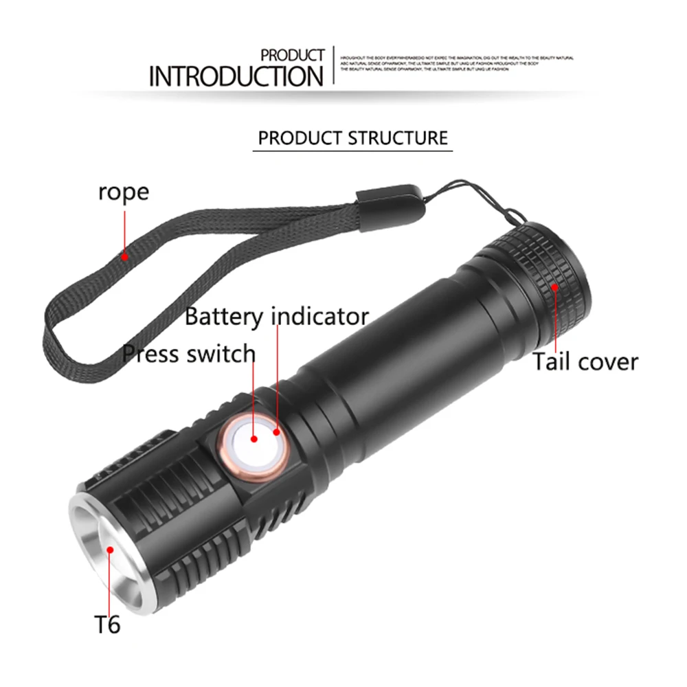 Сенсорный выключатель T6 светодиодный фонарик Портативный 3 режима Водонепроницаемый фонарь с зумом USB перезаряжаемый аккумулятор 18650 лучший подарок