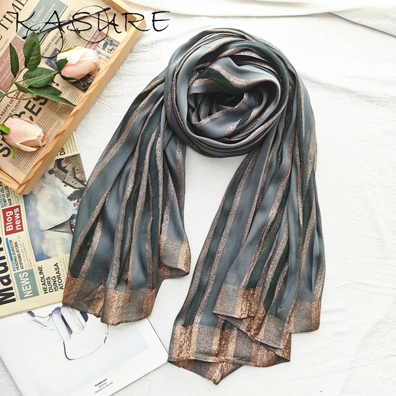 

Kasure Luxury Silk Striped Lined Scarf Women Classic Elegant Retro Shawls Wrap Soft Cotton Cashmere Big Size Scarves Hijab