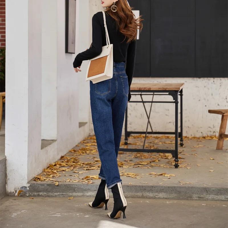 Autumn and winter women's jeans casual solid color high waist stretch loose jeans