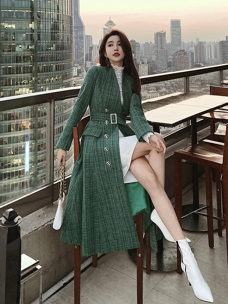 

Пальто женское твидовое средней длины, зеленое стильное темпераментное ветровка средней длины, маленькая Очаровательная шерстяная ткань в стиле Хепберн, пальто на осень