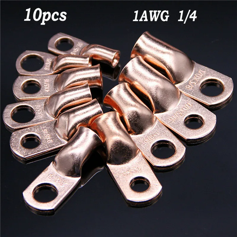 

10pcs Wire Ring Terminal Copper 1 AWG Gauge 1/4 Connectors Non-insulated Crimp Terminals Connectors Car Audio Terminals