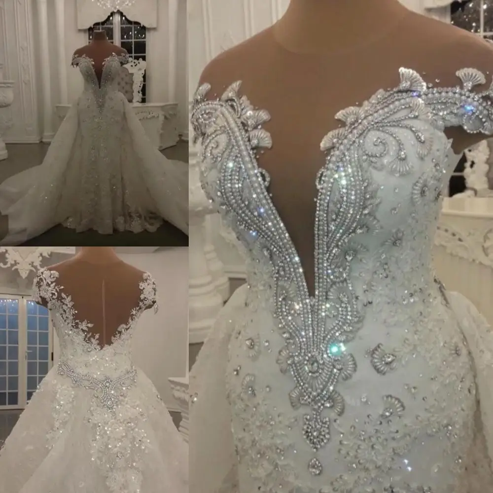 

Новинка 2023, свадебное платье с юбкой-годе со съемной юбкой и блестками, Длинные свадебные платья с открытой спиной и бусинами