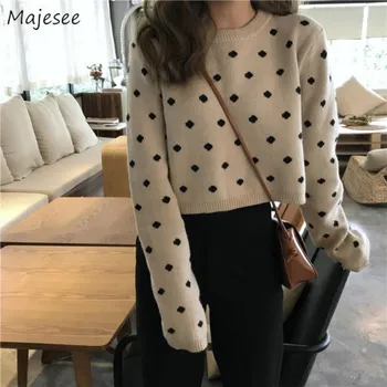 

Sweaters Women Students Comfortable Slim-fit Short Knitwear Dot Korean Style Pullovers Casual O-neck Sweet Simple Warm Harajuku