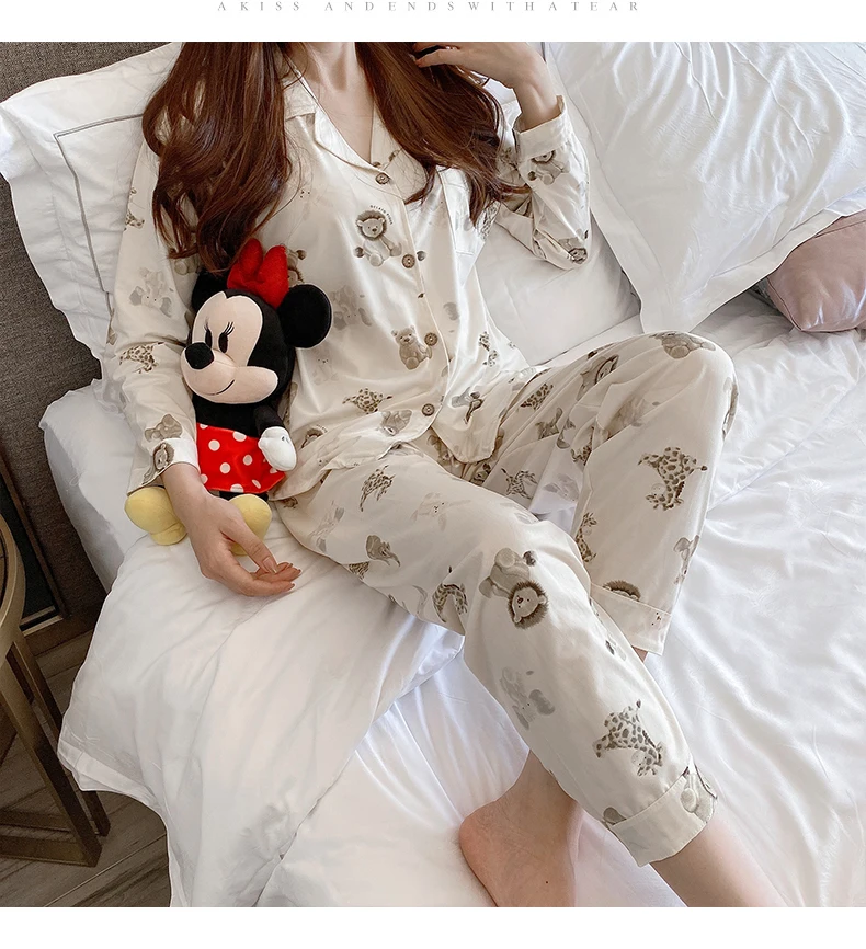 CAIYIER Autumn Winter New Sleepwear Set Women Turn-down Collar Pajamas Cute Cartoon Pattern Button Top+Pants Leisure Home Wear