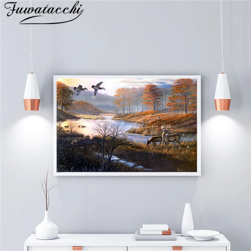 

Fuwatacchi Landscape Oil Painting Beautiful Pond Wall Art Posts and Prints Canvas Printings for Living Room Home Decor Pictures