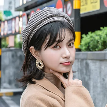 

Hot Sale 2019 Fashion New Women's Elegant Plaid Tweed Beret Female Hat Spring Autumn Vintage Painter Cap White Khaki