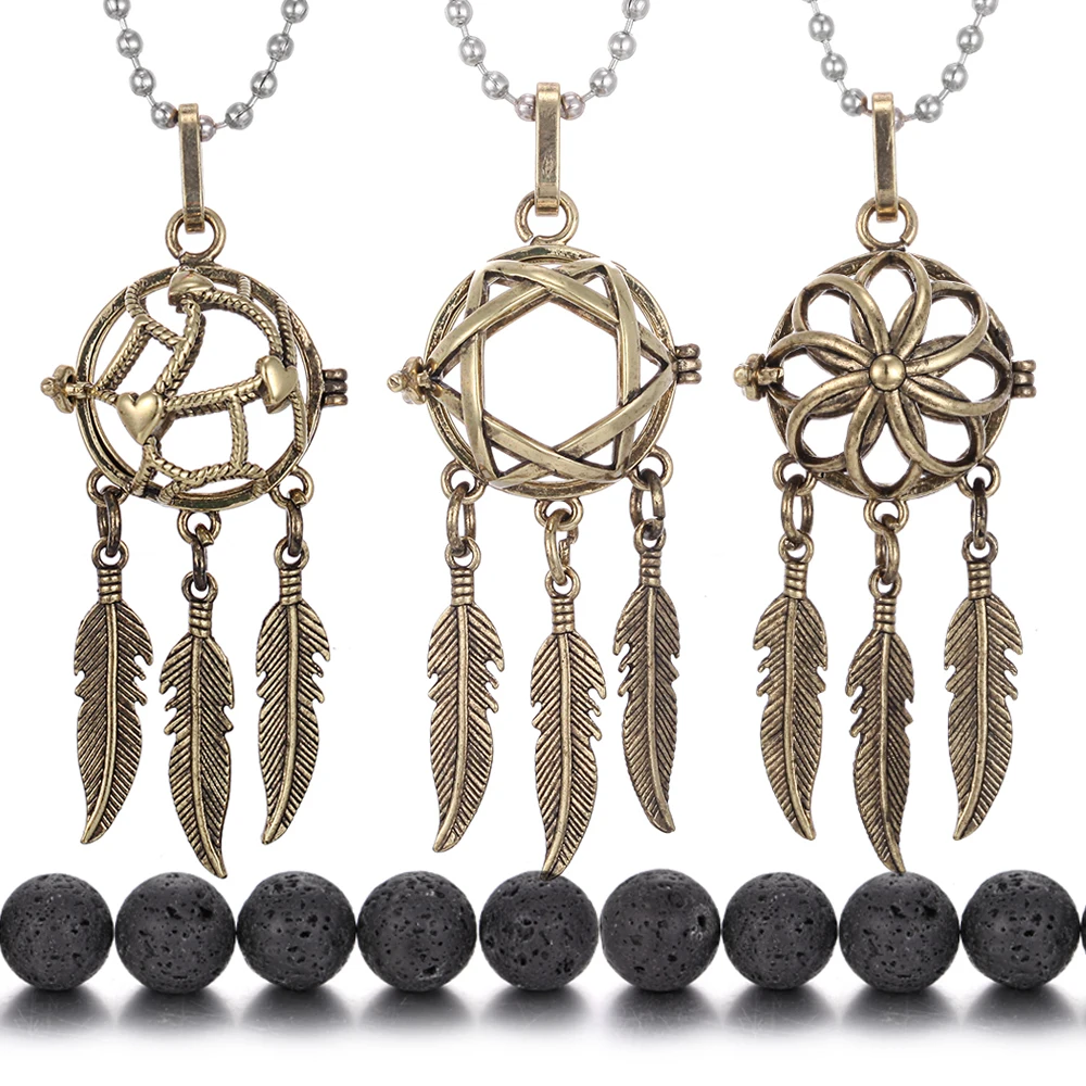 

Dreamcatcher Ball Lava Stone Perfume Aromatherapy Antique Vintage Diffuser Necklace Pregnant Necklace for Perfume Essential Oil