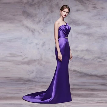 

Elegant Purple Satin Mermaid Formal Dresses Beaded Pleated Strapless Evening Dresses Vestido De Fiesta High Quality 2020