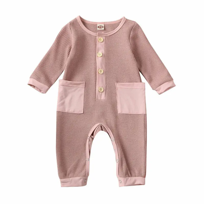 Infant Baby Girl Boy Kid Romper Jumpsuit Solid Button Pocket Long Sleeve Rompers Autumn Winter Clothes 0-24M | Детская одежда и