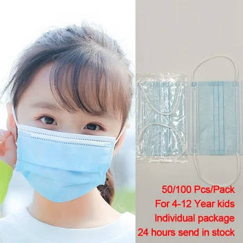 

50/100 Pcs Kids Mask Disposable Non Woven Meltblown Mouth Mask 3 Layer Ply Breathable Individual Pack Blue Purple Pink White