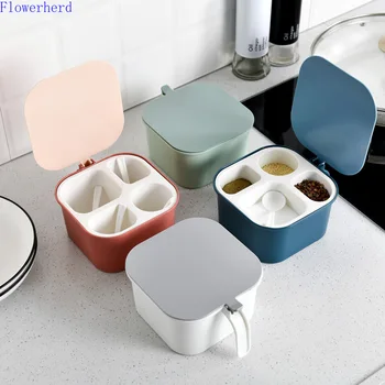 

Seasoning Box Multi-function Kitchen Supplies Conjoined Compartment Seasoning Box Four Grid with Spoon Storage Condiment Jar
