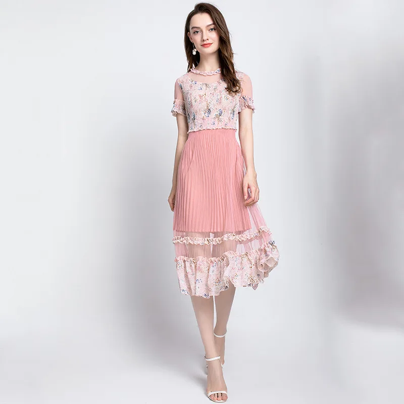 Mesh Patchwork Print Dress Pleated Short Sleeves Knee-Length O-Neck Women Dresses Autumn Plus Size Floral Elegant Dress - Цвет: Pink