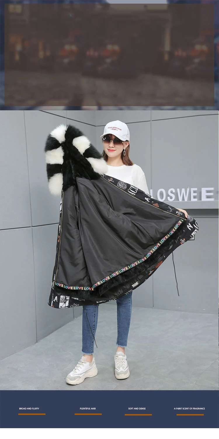 Fur Parkas Highstreet Allover Printed Real Fox Fur Collar Hooded Rabbit Fur Lining Long Coat Women Winter Casual Plus Outwear