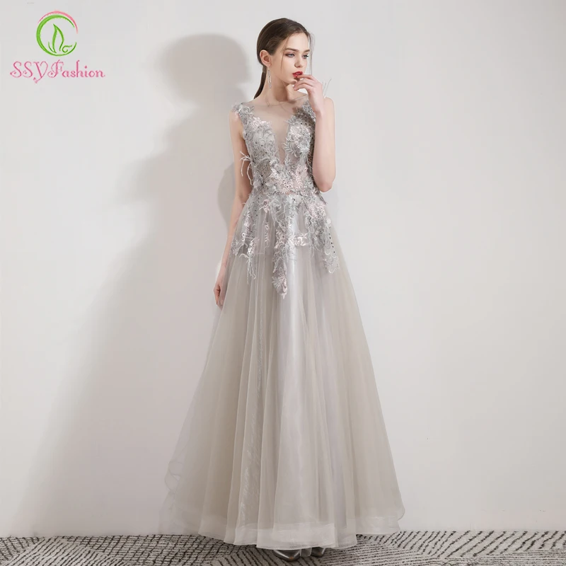 SSYFashion новая Банкетная элегантный серый вечернее платье с кружевом и вышивкой