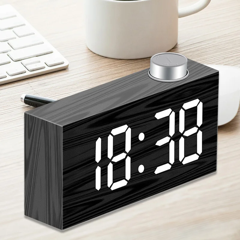 Cena Drzemka sypialnia zegar ziarno drewna dekoracja biurka domowego zegar LED cyfrowy zegar elektroniczny z wyświetlaczem termometru kreatywny