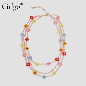 

Girlgo Boho Beads Strand Necklaces For Women Girls Simulated Pearls Cute Flower Multicolored Collier Necklace Fashion Jewelry