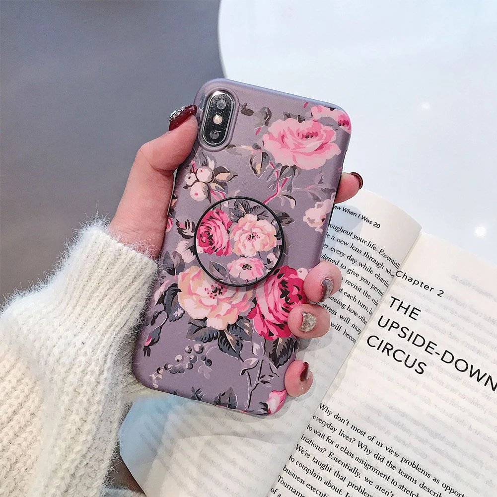 

Protective Phone Cover Office Anti Scratch Flower Pattern Easy Clean Back Shell Fashion With Holder Desktop For IPhone XR