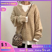 

Autumn And Winter Knitted Sweater Twist Pattern Loose Casual Ladies Sweater V-neck Long-sleeved Pullover Lazy Style Sweater Coat