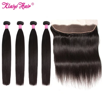 

Klaiyi Hair Peruvian Straight Bundles With Frontal 100% Human Hair Bundles With Closure 4 Bundles Remy Hair Weave