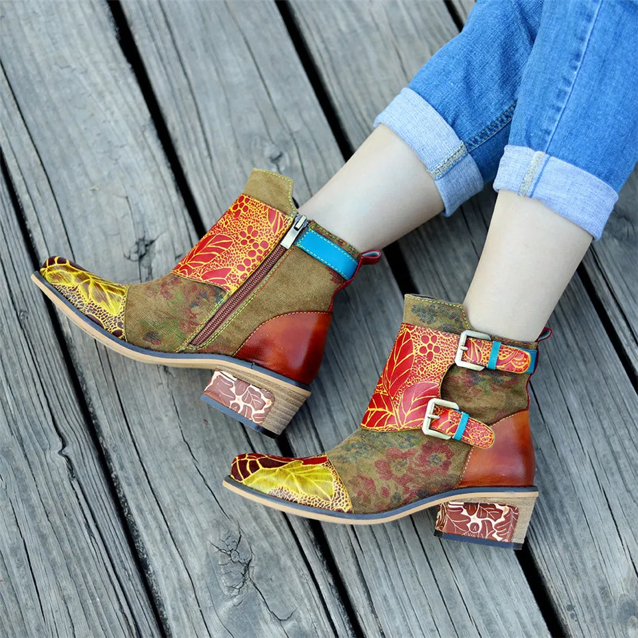 Genuine Leather Ankle Bots For Woman Shoes Vintage Handmade Print High Heels Ladies Shoes Cowboy Western Boots Plus Size 27.5cm  (15)