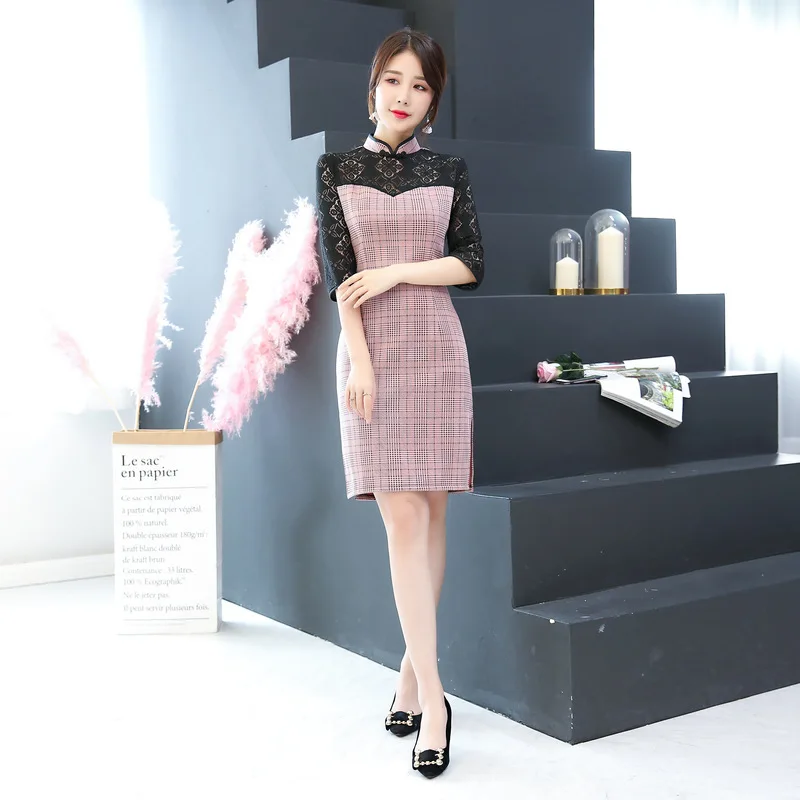 Китайское женское длинное платье cheongsam, женское кружевное сексуальное платье qipao, воротник-стойка, с вырезами, кружевное платье с рукавами, платья в восточном стиле
