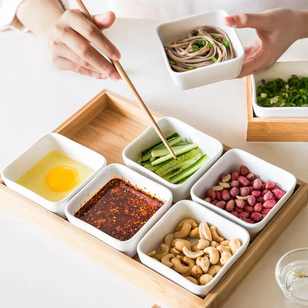 MDZF Ceramic Snack Plate Set Dessert Plate Dry Fruit Tray Snack Tray Fruit Square Bowls with Wooden Pallets