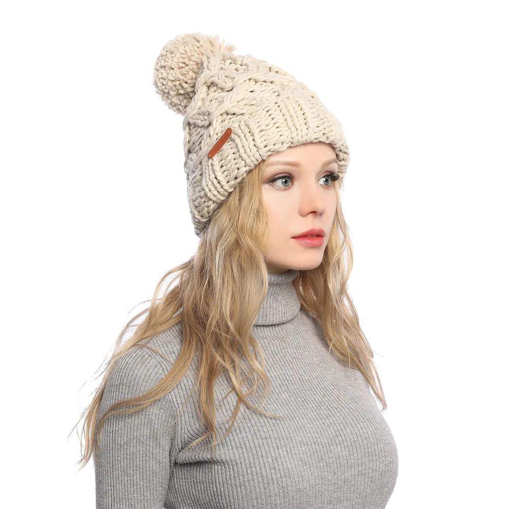 Осенне-зимние повседневные Шапки, теплые помпоны, толстые зимние вязаные шапки для женщин, одноцветные шапочки, твист узор, вязаные из грубой шерсти, шапка